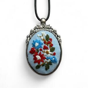 Embroidered Cameo Necklace with Red, White, Blue Flowers